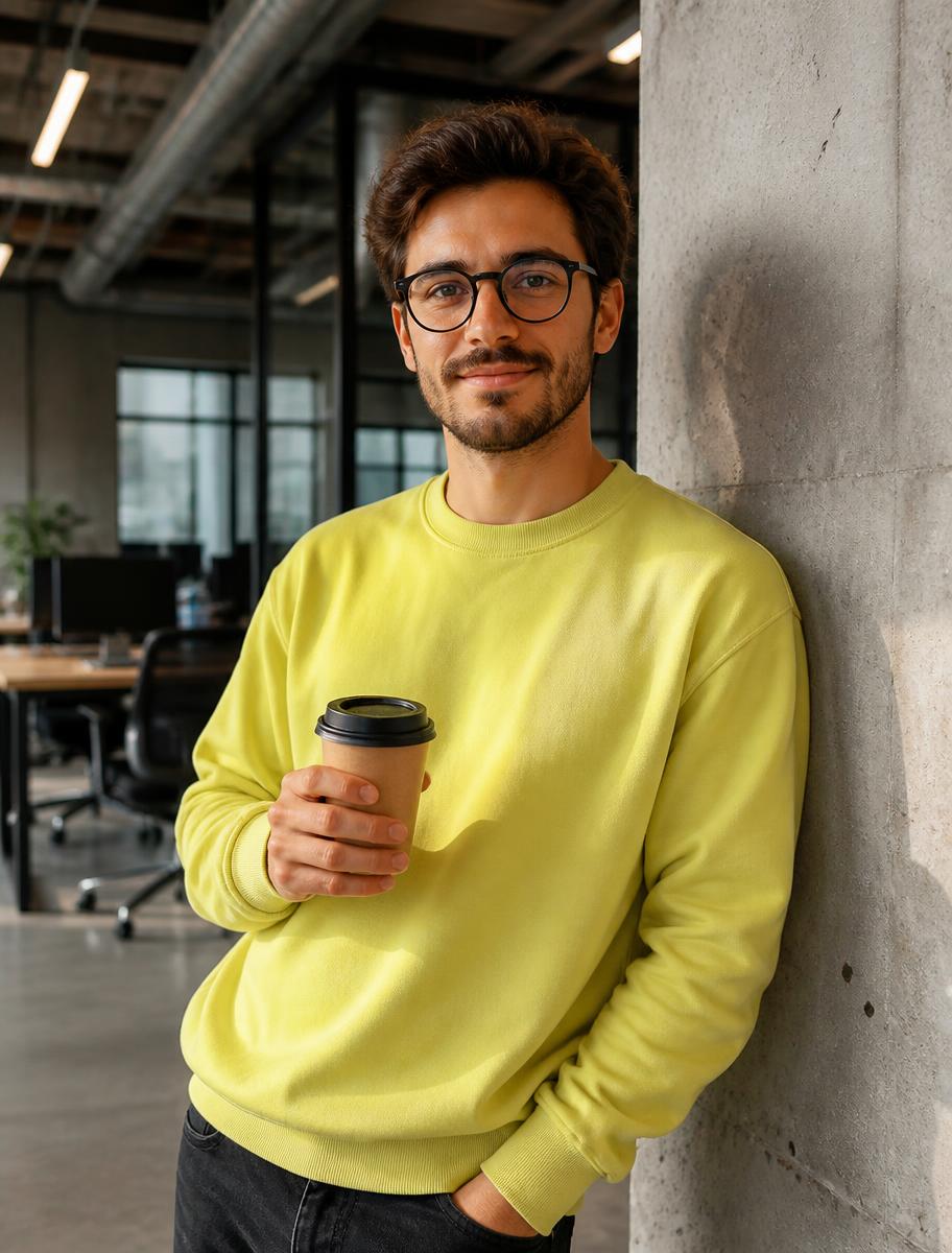 Entwickler mit Kaffeebecher in einem Sweatshirt in der REWE digital Farbe Lemon